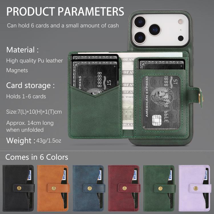 For iPhone 17 Pro Max Kalebol Magnetic Button Card Bag MagSafe Ring Leather Phone Case(Green) - iPhone 17 Pro Max Cases by Kalebol | Online Shopping UK | buy2fix