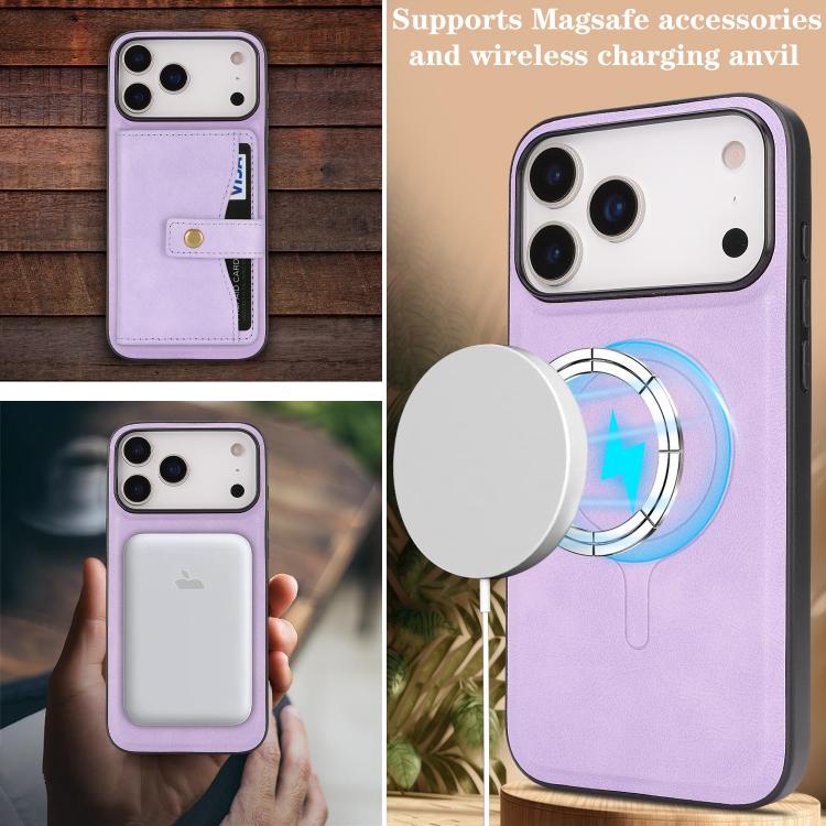 For iPhone 17 Pro Max Kalebol Magnetic Button Card Bag MagSafe Ring Leather Phone Case(Purple) - iPhone 17 Pro Max Cases by Kalebol | Online Shopping UK | buy2fix