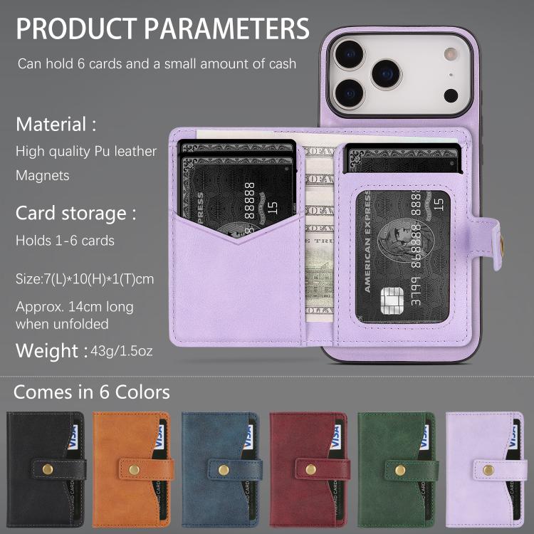 For iPhone 17 Pro Max Kalebol Magnetic Button Card Bag MagSafe Ring Leather Phone Case(Purple) - iPhone 17 Pro Max Cases by Kalebol | Online Shopping UK | buy2fix