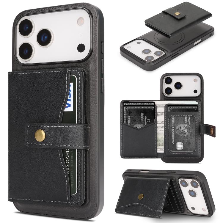For iPhone 17 Pro Kalebol Magnetic Button Card Bag MagSafe Ring Leather Phone Case(Black) - iPhone 17 Pro Cases by Kalebol | Online Shopping UK | buy2fix