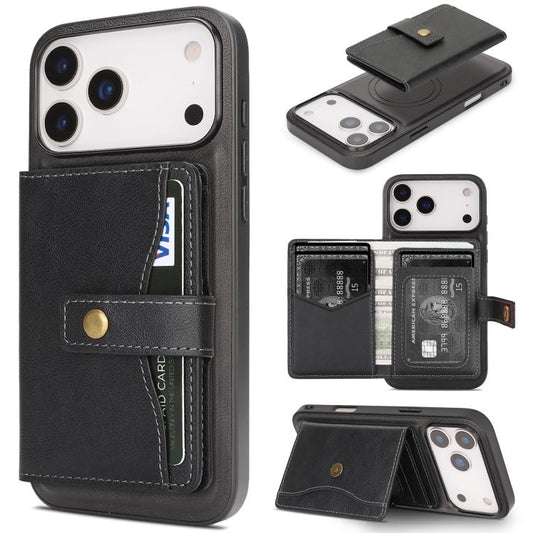 For iPhone 17 Pro Kalebol Magnetic Button Card Bag MagSafe Ring Leather Phone Case(Black) - iPhone 17 Pro Cases by Kalebol | Online Shopping UK | buy2fix