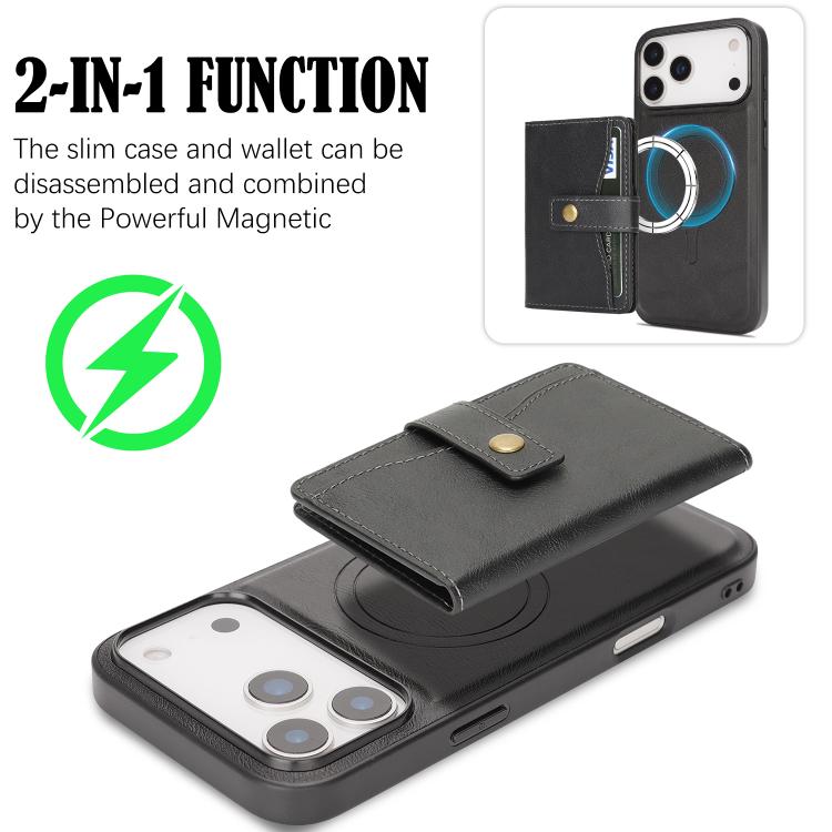 For iPhone 17 Pro Kalebol Magnetic Button Card Bag MagSafe Ring Leather Phone Case(Black) - iPhone 17 Pro Cases by Kalebol | Online Shopping UK | buy2fix
