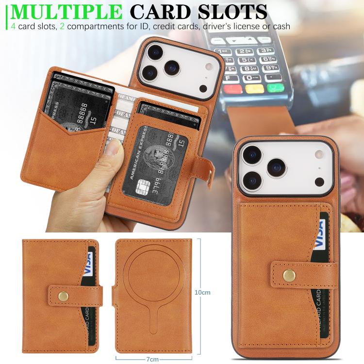 For iPhone 17 Pro Kalebol Magnetic Button Card Bag MagSafe Ring Leather Phone Case(Brown) - iPhone 17 Pro Cases by Kalebol | Online Shopping UK | buy2fix