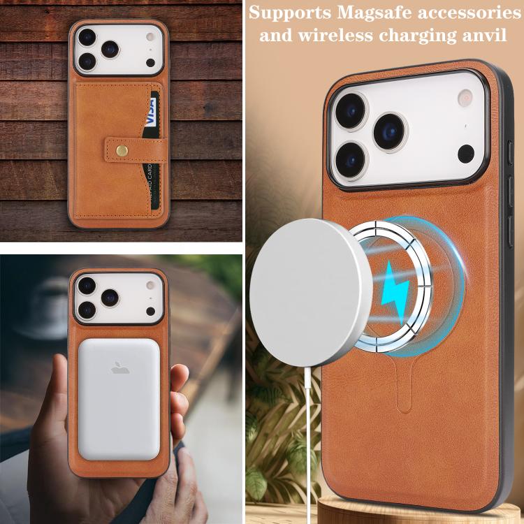 For iPhone 17 Pro Kalebol Magnetic Button Card Bag MagSafe Ring Leather Phone Case(Brown) - iPhone 17 Pro Cases by Kalebol | Online Shopping UK | buy2fix