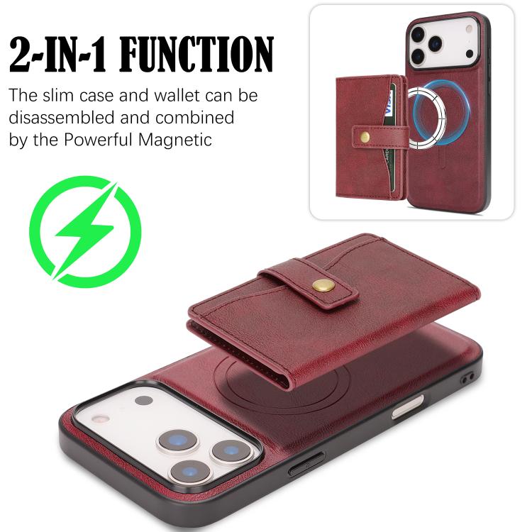 For iPhone 17 Pro Kalebol Magnetic Button Card Bag MagSafe Ring Leather Phone Case(Red) - iPhone 17 Pro Cases by Kalebol | Online Shopping UK | buy2fix