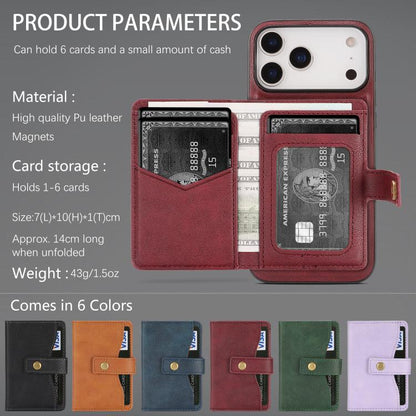 For iPhone 17 Pro Kalebol Magnetic Button Card Bag MagSafe Ring Leather Phone Case(Red) - iPhone 17 Pro Cases by Kalebol | Online Shopping UK | buy2fix