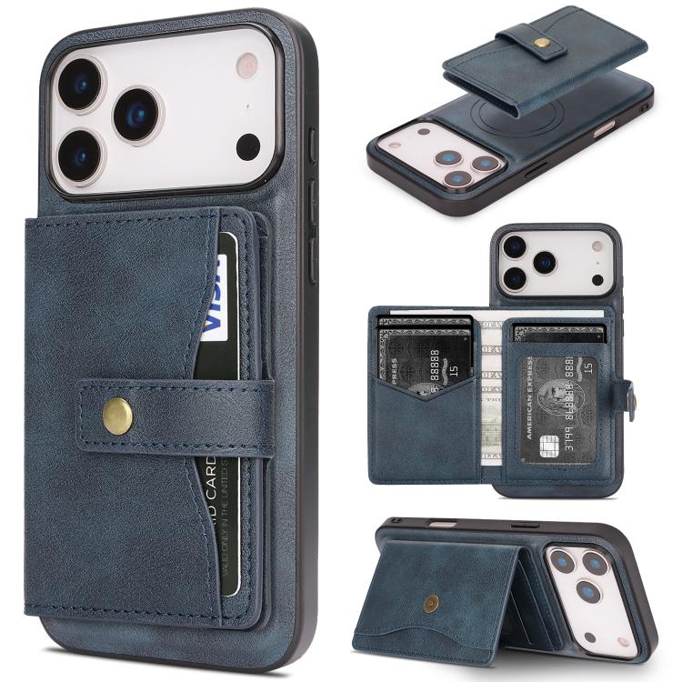 For iPhone 17 Pro Kalebol Magnetic Button Card Bag MagSafe Ring Leather Phone Case(Blue) - iPhone 17 Pro Cases by Kalebol | Online Shopping UK | buy2fix