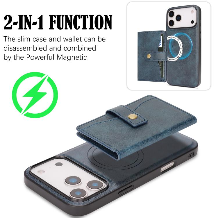 For iPhone 17 Pro Kalebol Magnetic Button Card Bag MagSafe Ring Leather Phone Case(Blue) - iPhone 17 Pro Cases by Kalebol | Online Shopping UK | buy2fix