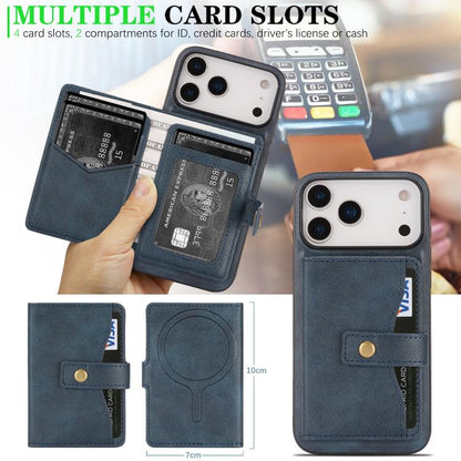 For iPhone 17 Pro Kalebol Magnetic Button Card Bag MagSafe Ring Leather Phone Case(Blue) - iPhone 17 Pro Cases by Kalebol | Online Shopping UK | buy2fix