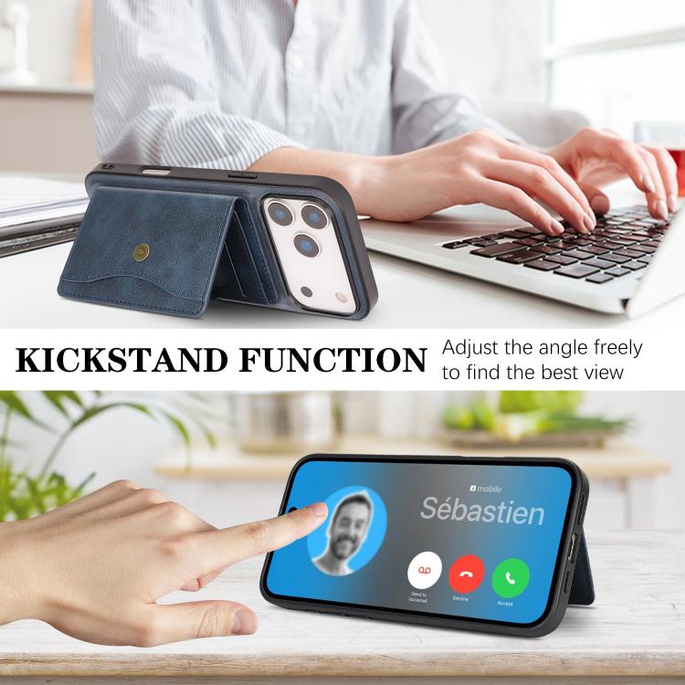 For iPhone 17 Pro Kalebol Magnetic Button Card Bag MagSafe Ring Leather Phone Case(Blue) - iPhone 17 Pro Cases by Kalebol | Online Shopping UK | buy2fix