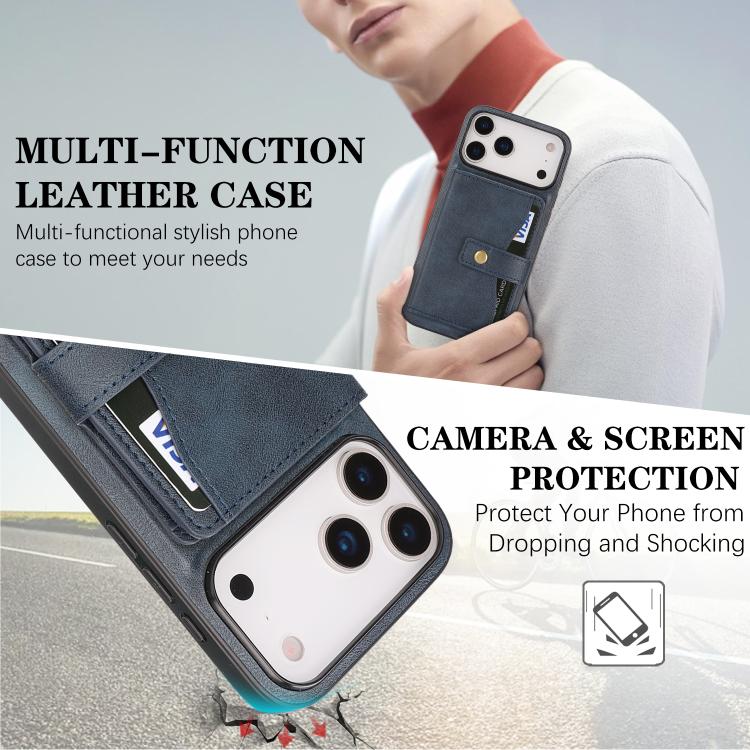 For iPhone 17 Pro Kalebol Magnetic Button Card Bag MagSafe Ring Leather Phone Case(Blue) - iPhone 17 Pro Cases by Kalebol | Online Shopping UK | buy2fix