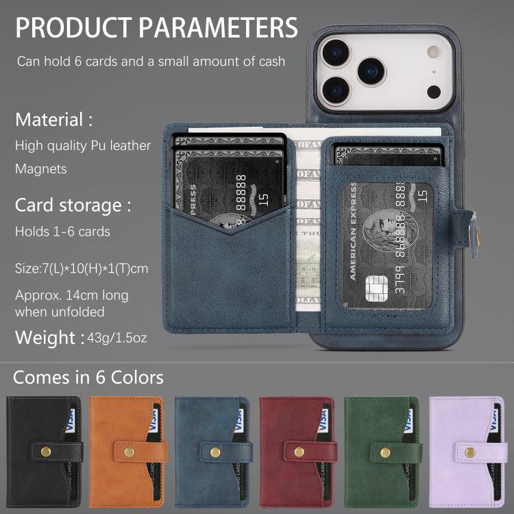 For iPhone 17 Pro Kalebol Magnetic Button Card Bag MagSafe Ring Leather Phone Case(Blue) - iPhone 17 Pro Cases by Kalebol | Online Shopping UK | buy2fix