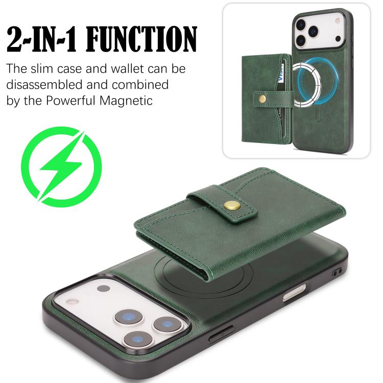 For iPhone 17 Pro Kalebol Magnetic Button Card Bag MagSafe Ring Leather Phone Case(Green) - iPhone 17 Pro Cases by Kalebol | Online Shopping UK | buy2fix
