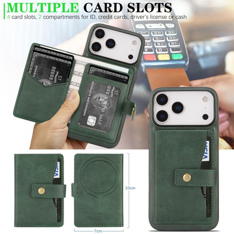 For iPhone 17 Pro Kalebol Magnetic Button Card Bag MagSafe Ring Leather Phone Case(Green) - iPhone 17 Pro Cases by Kalebol | Online Shopping UK | buy2fix
