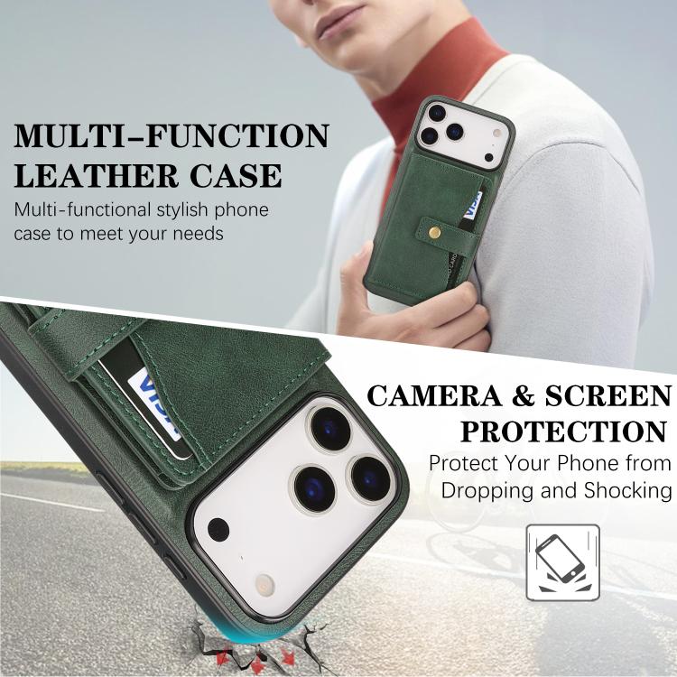 For iPhone 17 Pro Kalebol Magnetic Button Card Bag MagSafe Ring Leather Phone Case(Green) - iPhone 17 Pro Cases by Kalebol | Online Shopping UK | buy2fix