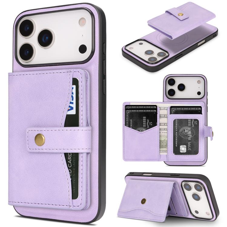 For iPhone 17 Pro Kalebol Magnetic Button Card Bag MagSafe Ring Leather Phone Case(Purple) - iPhone 17 Pro Cases by Kalebol | Online Shopping UK | buy2fix