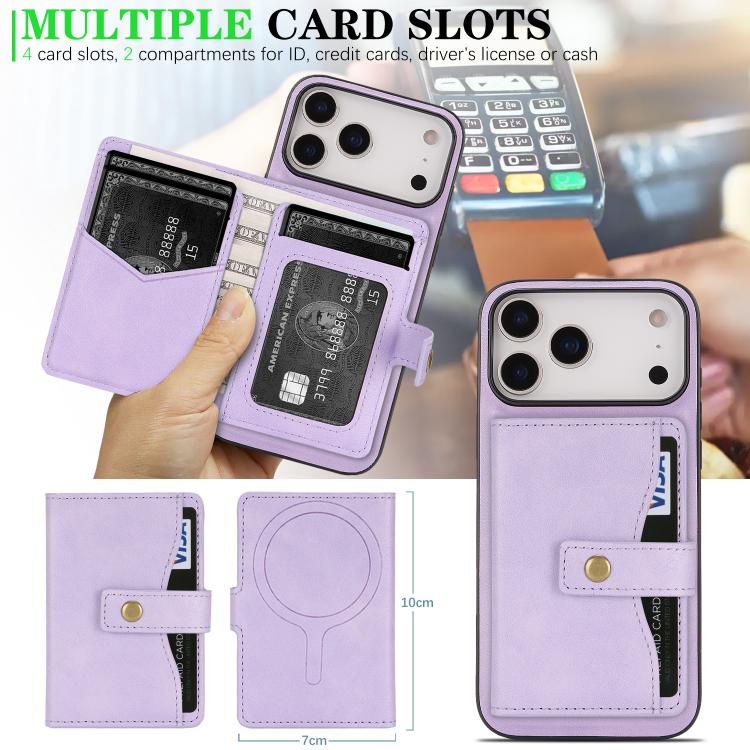 For iPhone 17 Pro Kalebol Magnetic Button Card Bag MagSafe Ring Leather Phone Case(Purple) - iPhone 17 Pro Cases by Kalebol | Online Shopping UK | buy2fix
