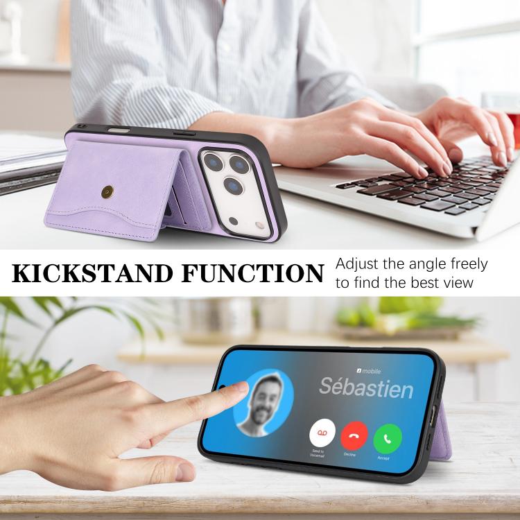 For iPhone 17 Pro Kalebol Magnetic Button Card Bag MagSafe Ring Leather Phone Case(Purple) - iPhone 17 Pro Cases by Kalebol | Online Shopping UK | buy2fix