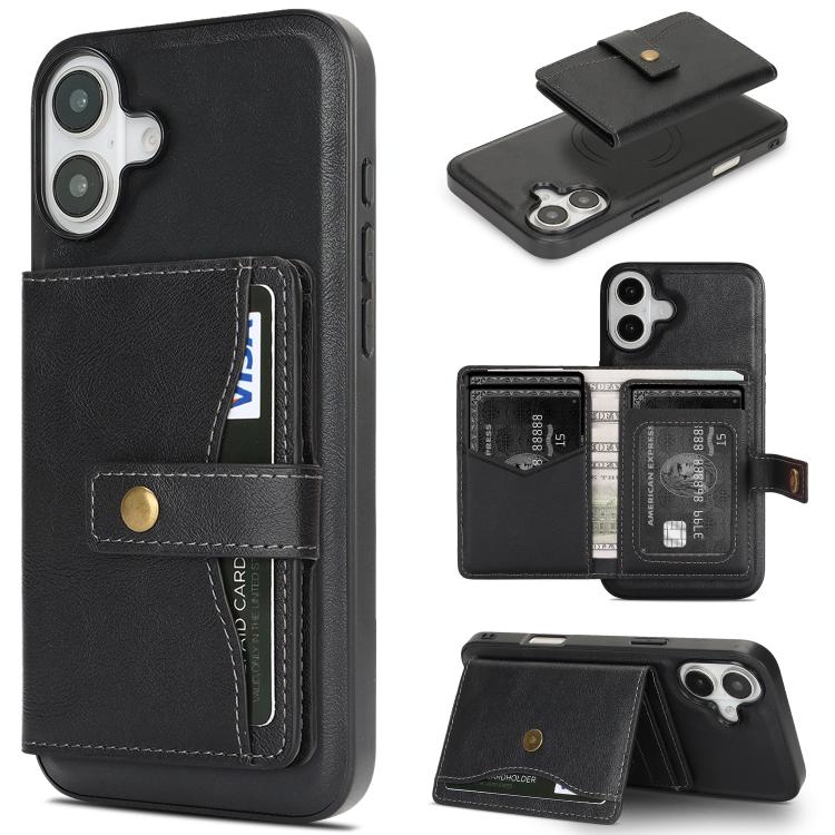 For iPhone 17 Kalebol Magnetic Button Card Bag MagSafe Ring Leather Phone Case(Black) - iPhone 17 Cases by Kalebol | Online Shopping UK | buy2fix