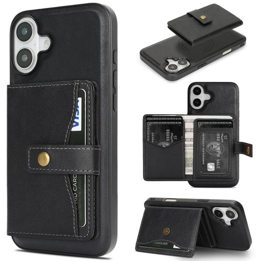 For iPhone 17 Kalebol Magnetic Button Card Bag MagSafe Ring Leather Phone Case(Black) - iPhone 17 Cases by Kalebol | Online Shopping UK | buy2fix