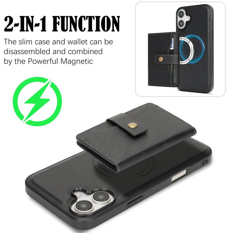 For iPhone 17 Kalebol Magnetic Button Card Bag MagSafe Ring Leather Phone Case(Black) - iPhone 17 Cases by Kalebol | Online Shopping UK | buy2fix