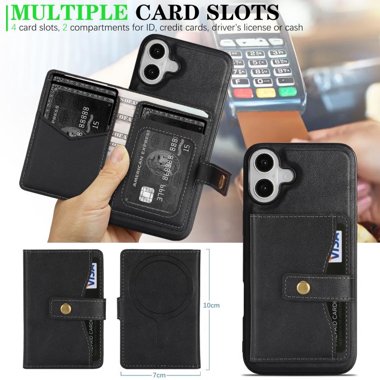 For iPhone 17 Kalebol Magnetic Button Card Bag MagSafe Ring Leather Phone Case(Black) - iPhone 17 Cases by Kalebol | Online Shopping UK | buy2fix