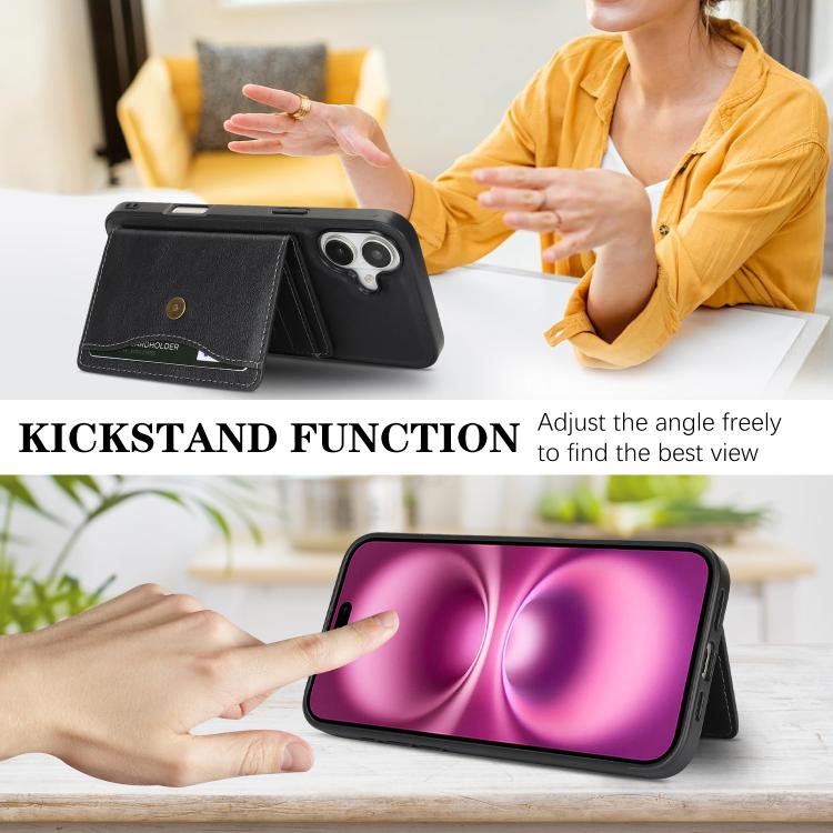 For iPhone 17 Kalebol Magnetic Button Card Bag MagSafe Ring Leather Phone Case(Black) - iPhone 17 Cases by Kalebol | Online Shopping UK | buy2fix