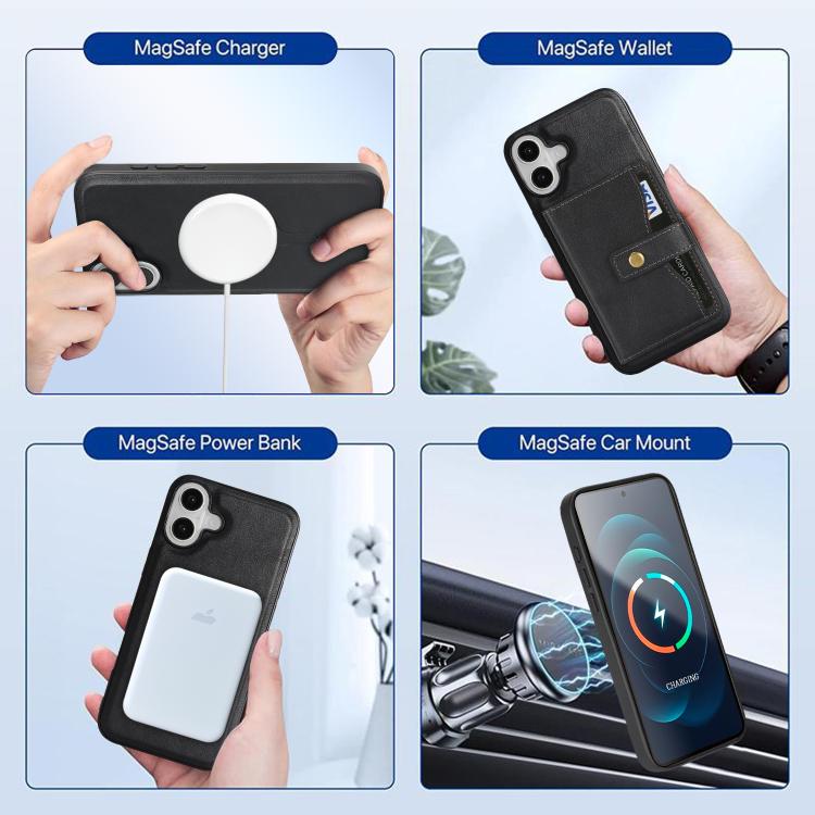 For iPhone 17 Kalebol Magnetic Button Card Bag MagSafe Ring Leather Phone Case(Black) - iPhone 17 Cases by Kalebol | Online Shopping UK | buy2fix