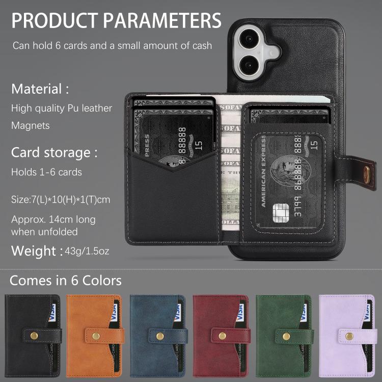 For iPhone 17 Kalebol Magnetic Button Card Bag MagSafe Ring Leather Phone Case(Black) - iPhone 17 Cases by Kalebol | Online Shopping UK | buy2fix