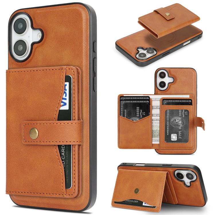 For iPhone 17 Kalebol Magnetic Button Card Bag MagSafe Ring Leather Phone Case(Brown) - iPhone 17 Cases by Kalebol | Online Shopping UK | buy2fix