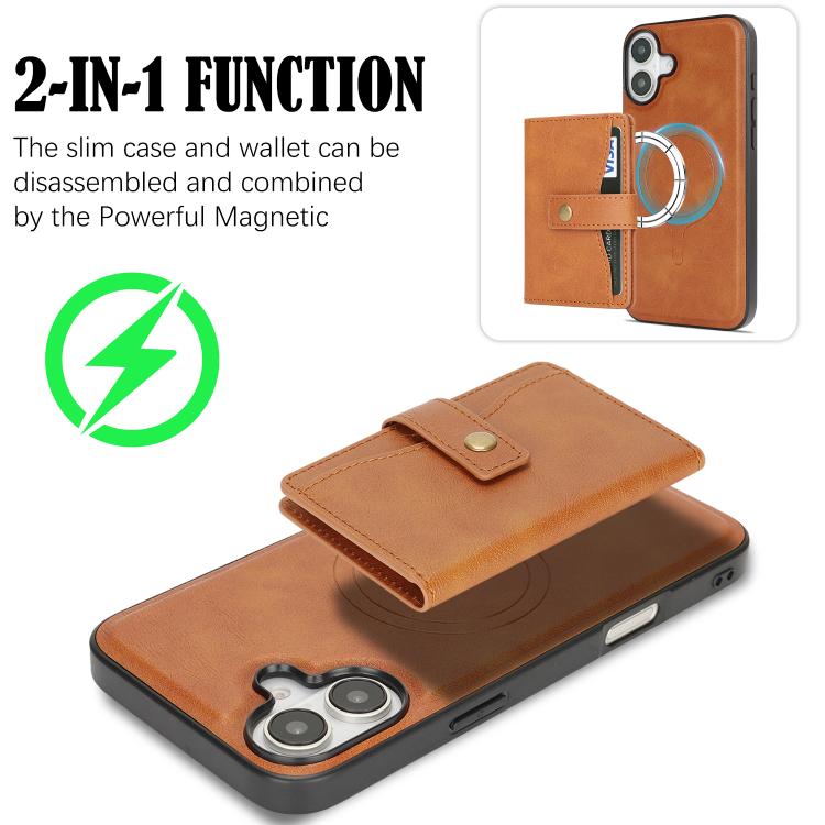 For iPhone 17 Kalebol Magnetic Button Card Bag MagSafe Ring Leather Phone Case(Brown) - iPhone 17 Cases by Kalebol | Online Shopping UK | buy2fix