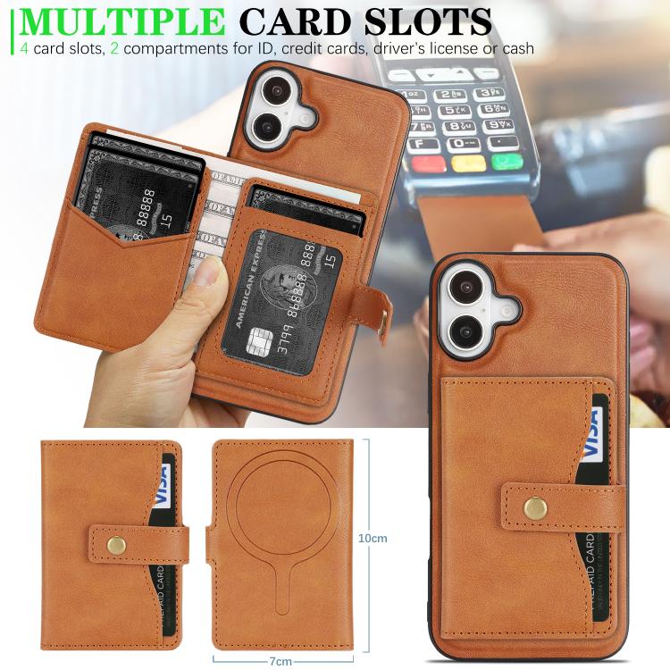 For iPhone 17 Kalebol Magnetic Button Card Bag MagSafe Ring Leather Phone Case(Brown) - iPhone 17 Cases by Kalebol | Online Shopping UK | buy2fix
