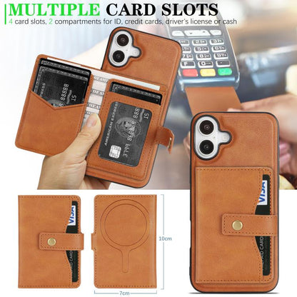 For iPhone 17 Kalebol Magnetic Button Card Bag MagSafe Ring Leather Phone Case(Brown) - iPhone 17 Cases by Kalebol | Online Shopping UK | buy2fix