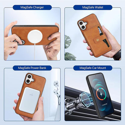 For iPhone 17 Kalebol Magnetic Button Card Bag MagSafe Ring Leather Phone Case(Brown) - iPhone 17 Cases by Kalebol | Online Shopping UK | buy2fix