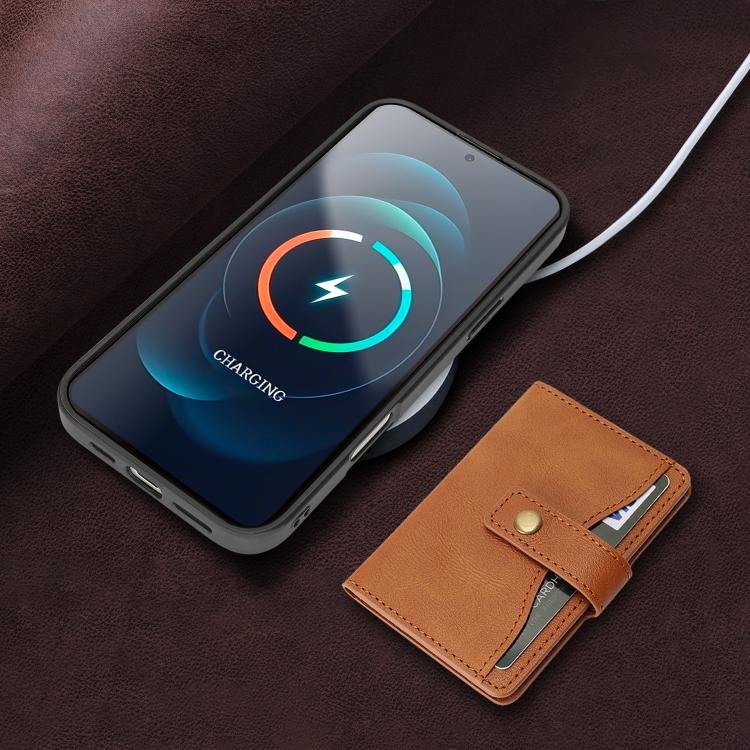 For iPhone 17 Kalebol Magnetic Button Card Bag MagSafe Ring Leather Phone Case(Brown) - iPhone 17 Cases by Kalebol | Online Shopping UK | buy2fix