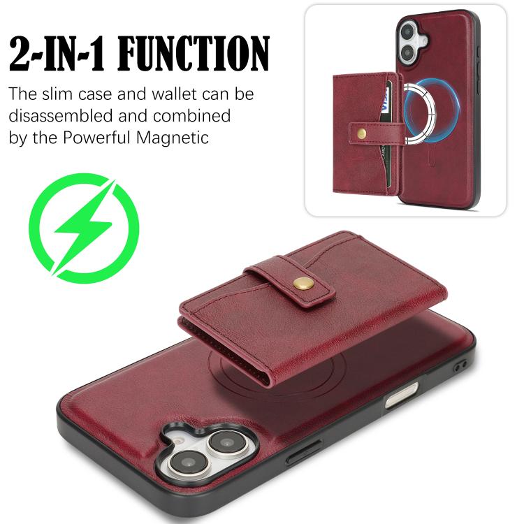 For iPhone 17 Kalebol Magnetic Button Card Bag MagSafe Ring Leather Phone Case(Red) - iPhone 17 Cases by Kalebol | Online Shopping UK | buy2fix