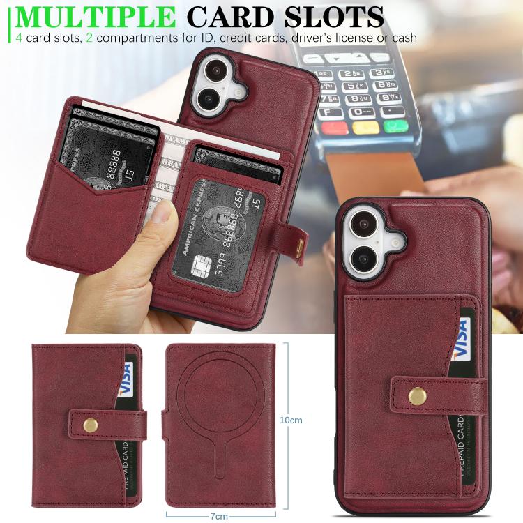 For iPhone 17 Kalebol Magnetic Button Card Bag MagSafe Ring Leather Phone Case(Red) - iPhone 17 Cases by Kalebol | Online Shopping UK | buy2fix