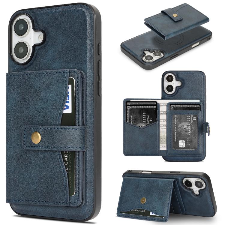 For iPhone 17 Kalebol Magnetic Button Card Bag MagSafe Ring Leather Phone Case(Blue) - iPhone 17 Cases by Kalebol | Online Shopping UK | buy2fix