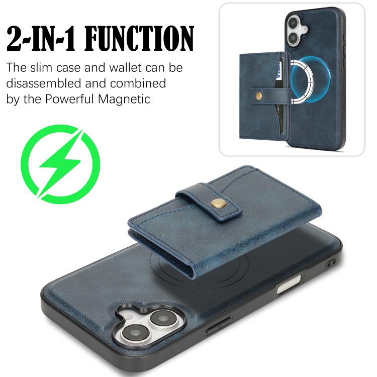 For iPhone 17 Kalebol Magnetic Button Card Bag MagSafe Ring Leather Phone Case(Blue) - iPhone 17 Cases by Kalebol | Online Shopping UK | buy2fix