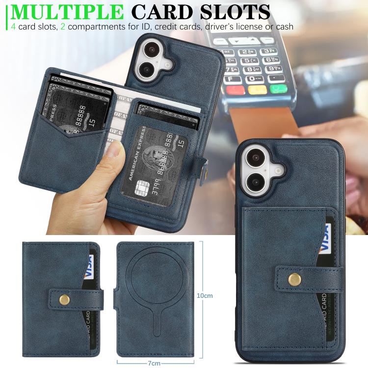 For iPhone 17 Kalebol Magnetic Button Card Bag MagSafe Ring Leather Phone Case(Blue) - iPhone 17 Cases by Kalebol | Online Shopping UK | buy2fix