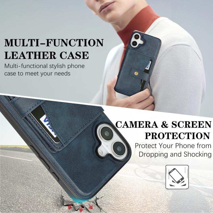 For iPhone 17 Kalebol Magnetic Button Card Bag MagSafe Ring Leather Phone Case(Blue) - iPhone 17 Cases by Kalebol | Online Shopping UK | buy2fix