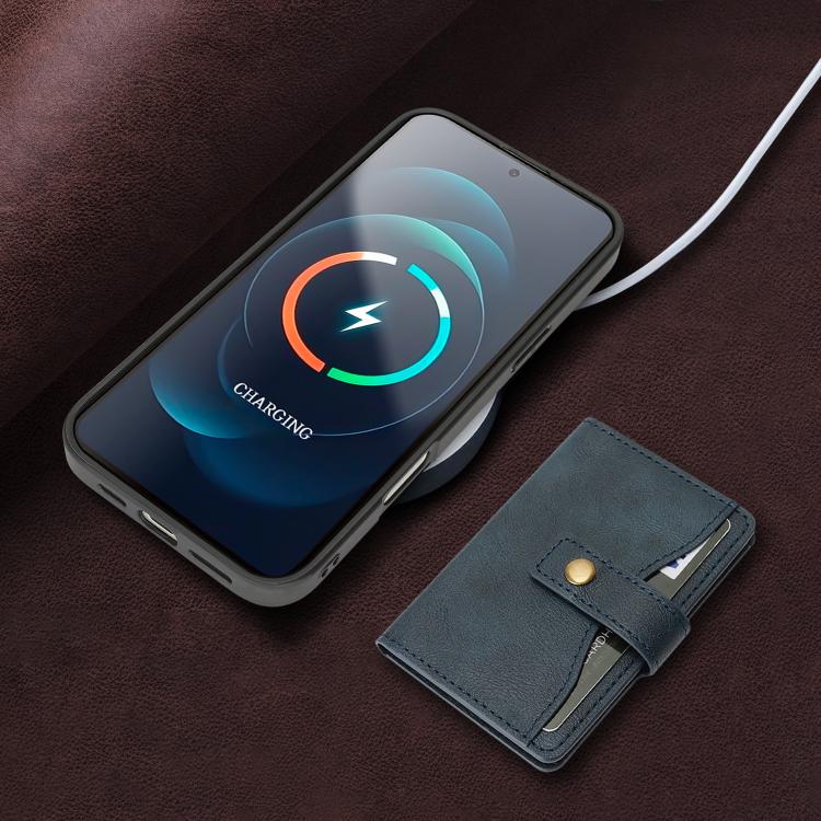 For iPhone 17 Kalebol Magnetic Button Card Bag MagSafe Ring Leather Phone Case(Blue) - iPhone 17 Cases by Kalebol | Online Shopping UK | buy2fix