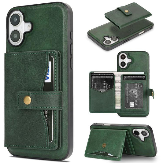 For iPhone 17 Kalebol Magnetic Button Card Bag MagSafe Ring Leather Phone Case(Green) - iPhone 17 Cases by Kalebol | Online Shopping UK | buy2fix