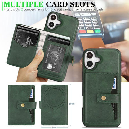 For iPhone 17 Kalebol Magnetic Button Card Bag MagSafe Ring Leather Phone Case(Green) - iPhone 17 Cases by Kalebol | Online Shopping UK | buy2fix