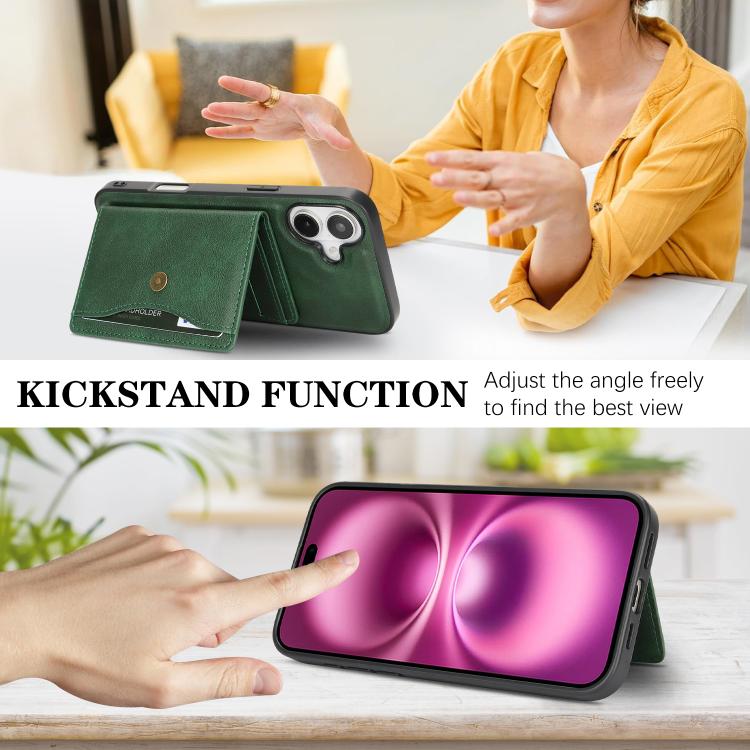 For iPhone 17 Kalebol Magnetic Button Card Bag MagSafe Ring Leather Phone Case(Green) - iPhone 17 Cases by Kalebol | Online Shopping UK | buy2fix