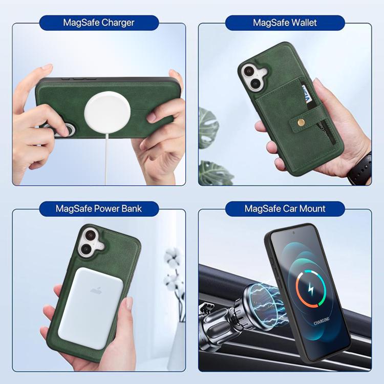 For iPhone 17 Kalebol Magnetic Button Card Bag MagSafe Ring Leather Phone Case(Green) - iPhone 17 Cases by Kalebol | Online Shopping UK | buy2fix
