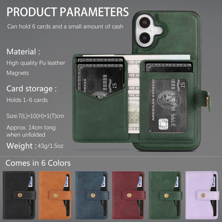 For iPhone 17 Kalebol Magnetic Button Card Bag MagSafe Ring Leather Phone Case(Green) - iPhone 17 Cases by Kalebol | Online Shopping UK | buy2fix