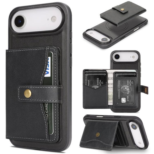 For iPhone Air Kalebol Magnetic Button Card Bag MagSafe Ring Leather Phone Case(Black)