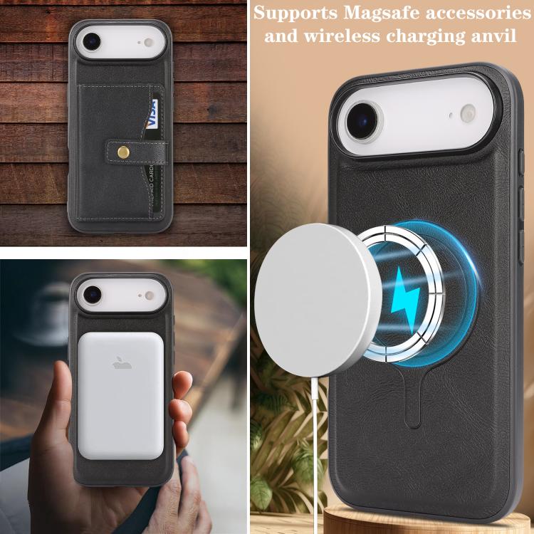 For iPhone Air Kalebol Magnetic Button Card Bag MagSafe Ring Leather Phone Case(Black) - iPhone Air Cases by Kalebol | Online Shopping UK | buy2fix