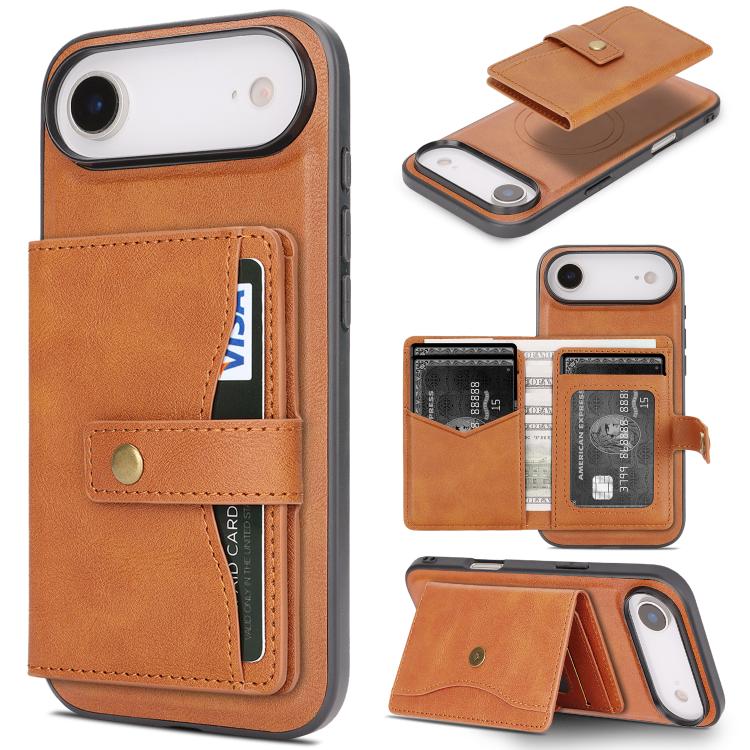 For iPhone Air Kalebol Magnetic Button Card Bag MagSafe Ring Leather Phone Case(Brown) - iPhone Air Cases by Kalebol | Online Shopping UK | buy2fix